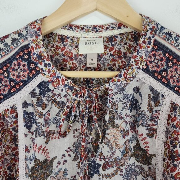 Knox Rose Peasant Blouse Womens M Boho Floral Keyhole Tassel Flowy Prairie - Picture 2 of 9